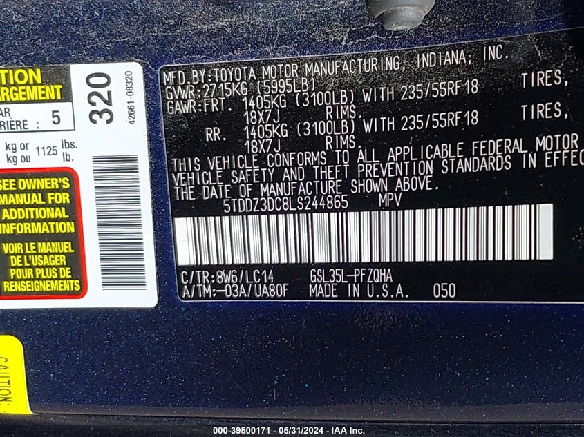 2020 Toyota Sienna Xle VIN: 5TDDZ3DC8LS244865 Lot: 39500171