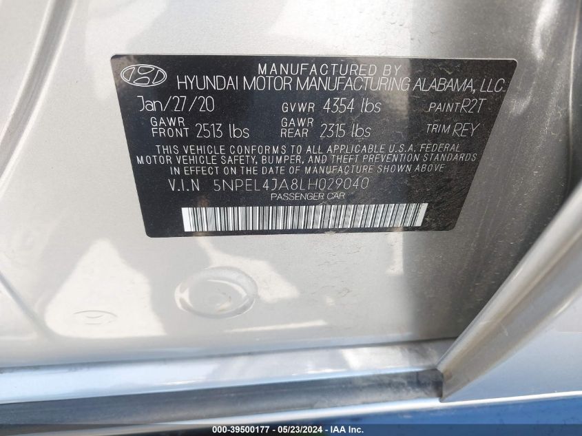 2020 Hyundai Sonata Sel VIN: 5NPEL4JA8LH029040 Lot: 39500177