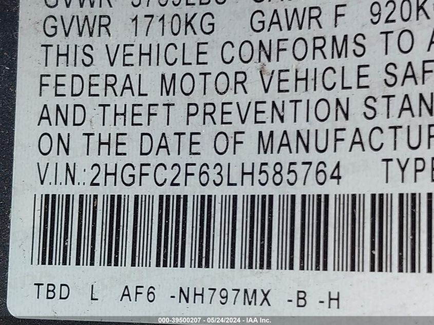 2020 Honda Civic Lx VIN: 2HGFC2F63LH585764 Lot: 39500207