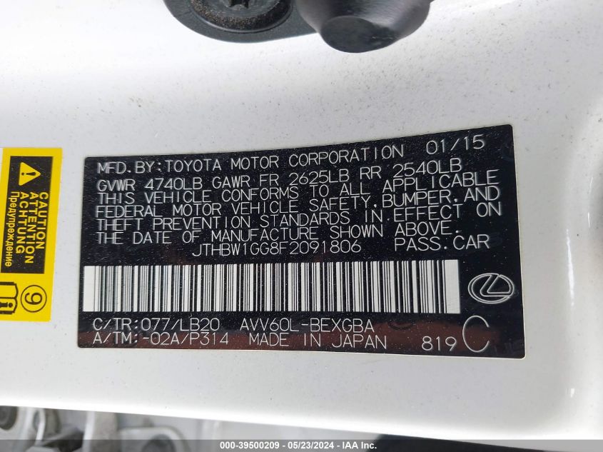 2015 Lexus Es 300H VIN: JTHBW1GG8F2091806 Lot: 39500209