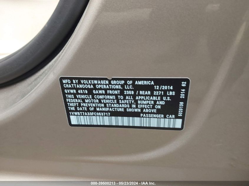 2015 Volkswagen Passat 1.8T Se VIN: 1VWBT7A33FC053717 Lot: 39500213