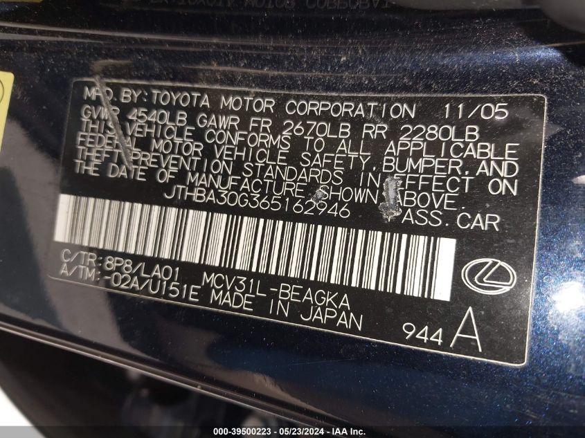 2006 Lexus Es 330 VIN: JTHBA30G365162946 Lot: 39500223