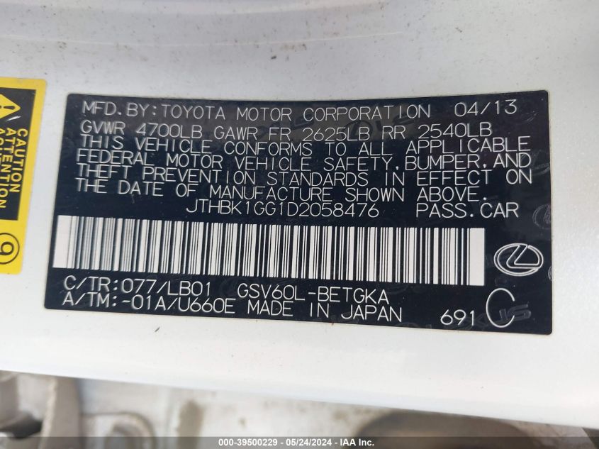 2013 Lexus Es 350 VIN: JTHBK1GG1D2058476 Lot: 39500229