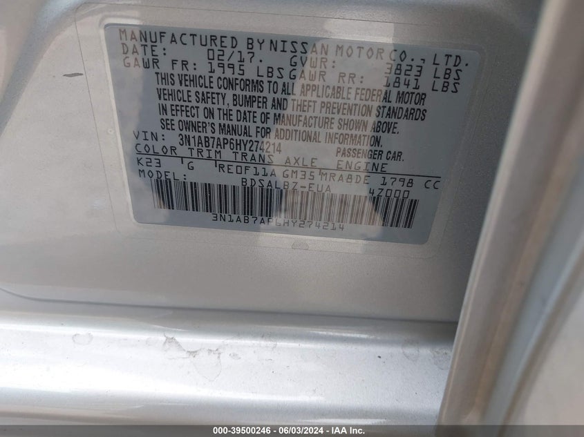 2017 Nissan Sentra S VIN: 3N1AB7AP6HY274214 Lot: 39500246
