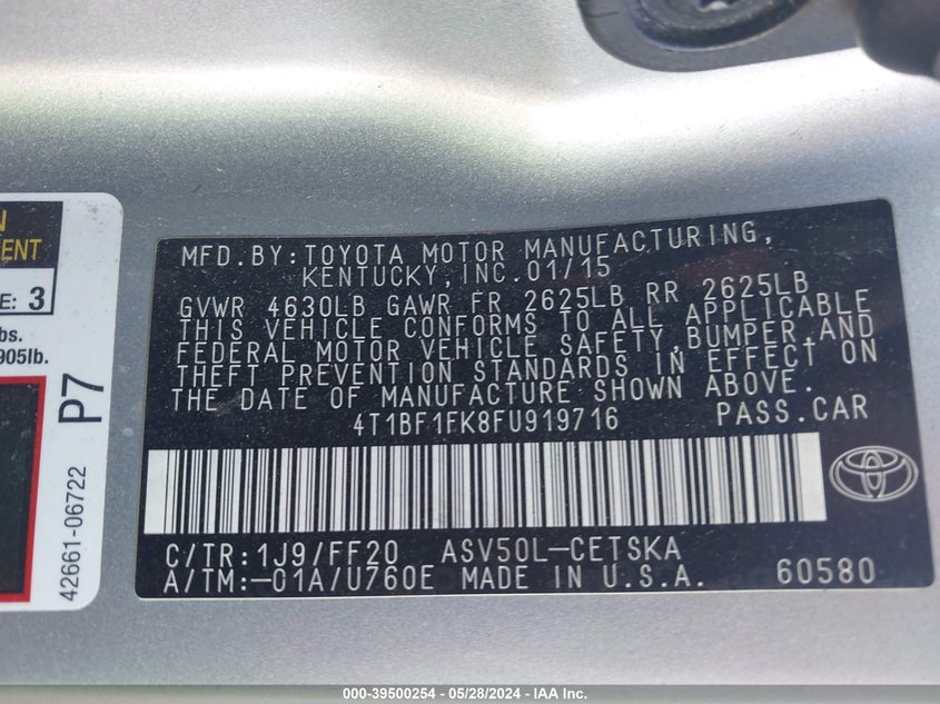 2015 Toyota Camry Se VIN: 4T1BF1FK8FU919716 Lot: 39500254