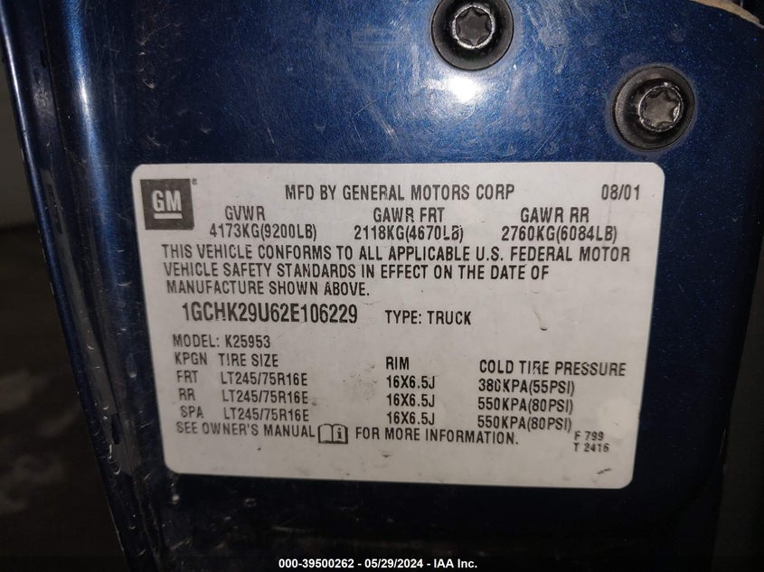 2002 Chevrolet Silverado 2500Hd Ls VIN: 1GCHK29U62E106229 Lot: 39500262