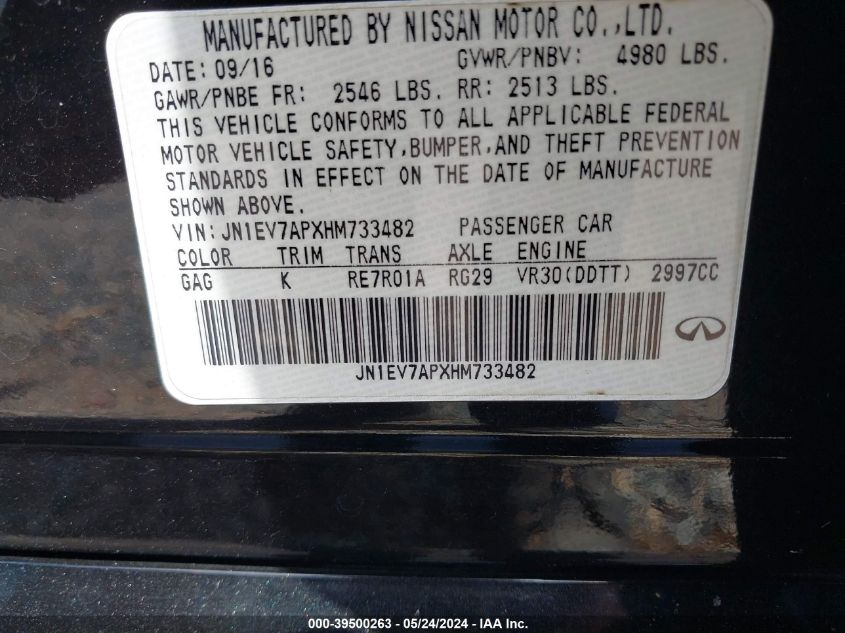 2017 Infiniti Q50 3.0T Sport VIN: JN1EV7APXHM733482 Lot: 39500263