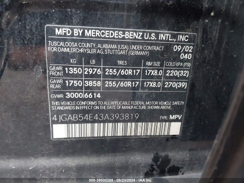 2003 Mercedes-Benz Ml 320 VIN: 4JGAB54E43A393819 Lot: 39500269