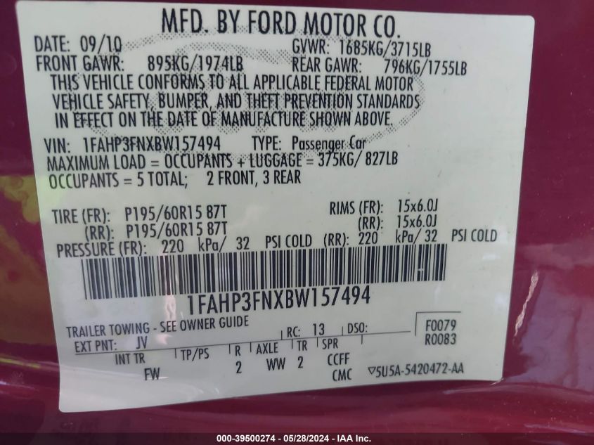 2011 Ford Focus Se VIN: 1FAHP3FNXBW157494 Lot: 39500274