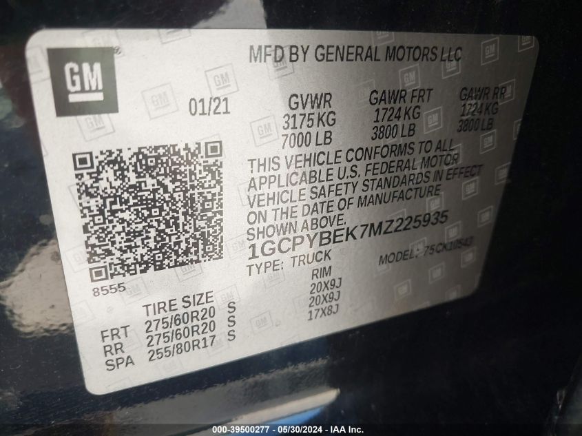 2021 Chevrolet Silverado 1500 VIN: 1GCPYBEK7MZ225935 Lot: 39500277