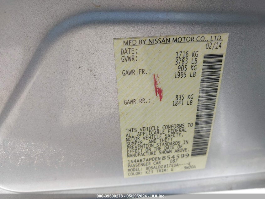 2014 Nissan Sentra Sv VIN: 1N4AB7AP0EN854599 Lot: 39500278