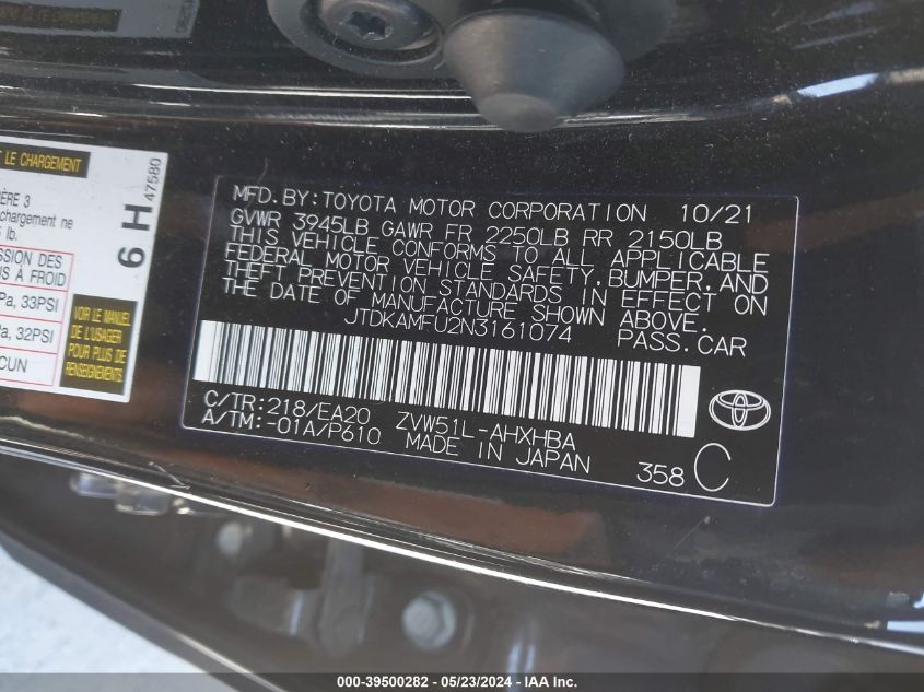 2022 Toyota Prius Xle VIN: JTDKAMFU2N3161074 Lot: 39500282