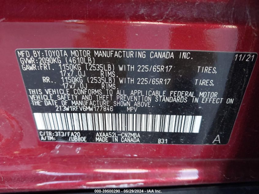 2021 Toyota Rav4 Xle VIN: 2T3W1RFV6MW177846 Lot: 39500290