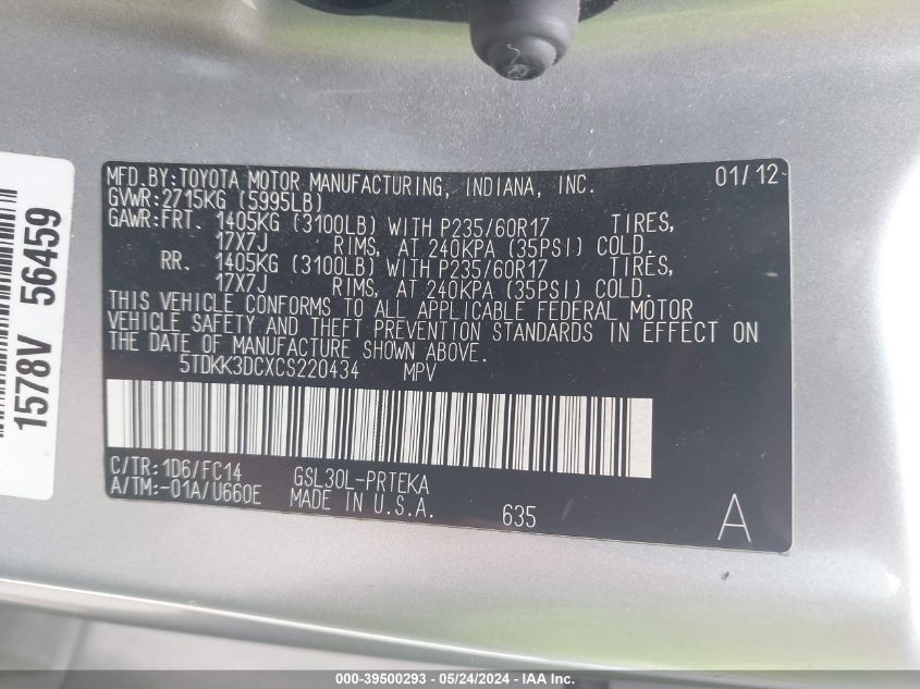 2012 Toyota Sienna Le V6 8 Passenger VIN: 5TDKK3DCXCS220434 Lot: 39500293