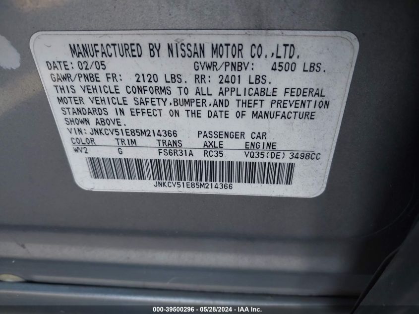 2005 Infiniti G35 VIN: JNKCV51E85M214366 Lot: 39500296