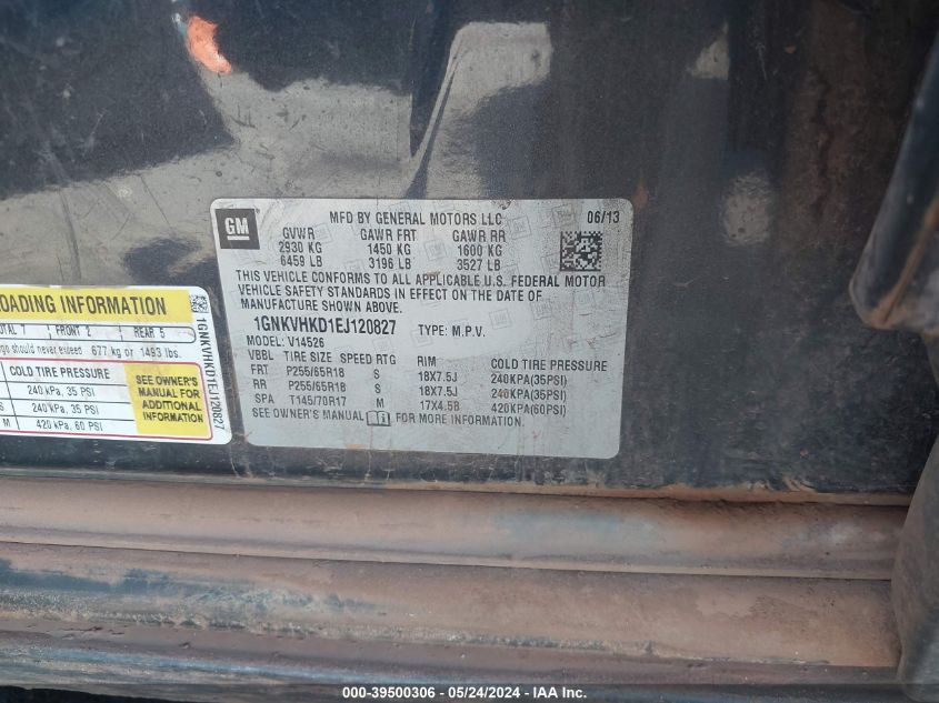 2014 Chevrolet Traverse 2Lt VIN: 1GNKVHKD1EJ120827 Lot: 39500306