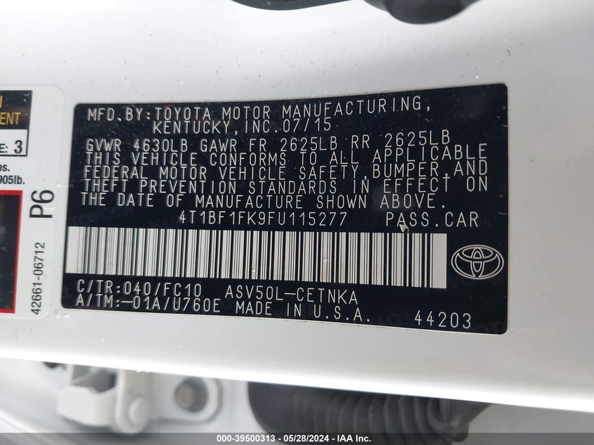 2015 Toyota Camry Le VIN: 4T1BF1FK9FU115277 Lot: 39500313