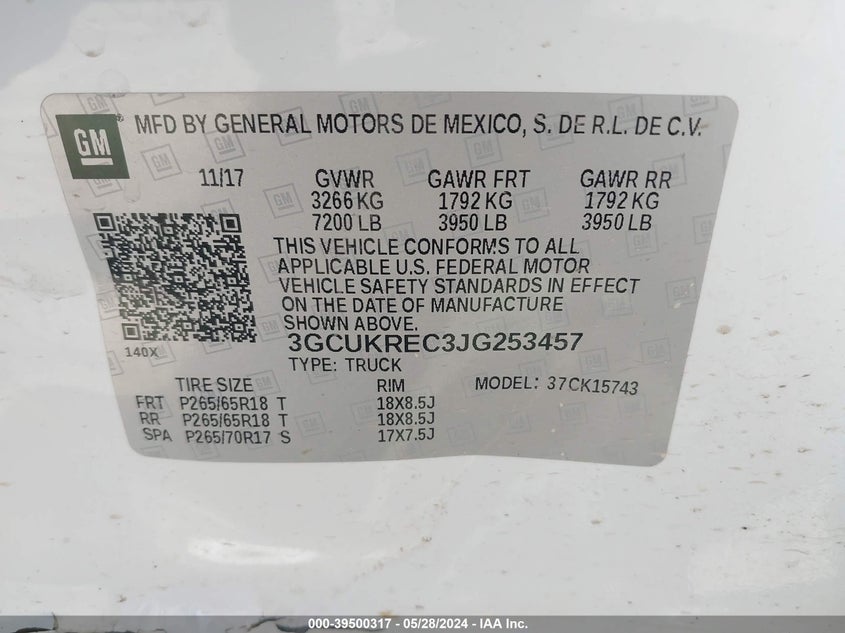 2018 Chevrolet Silverado 1500 1Lt VIN: 3GCUKREC3JG253457 Lot: 39500317