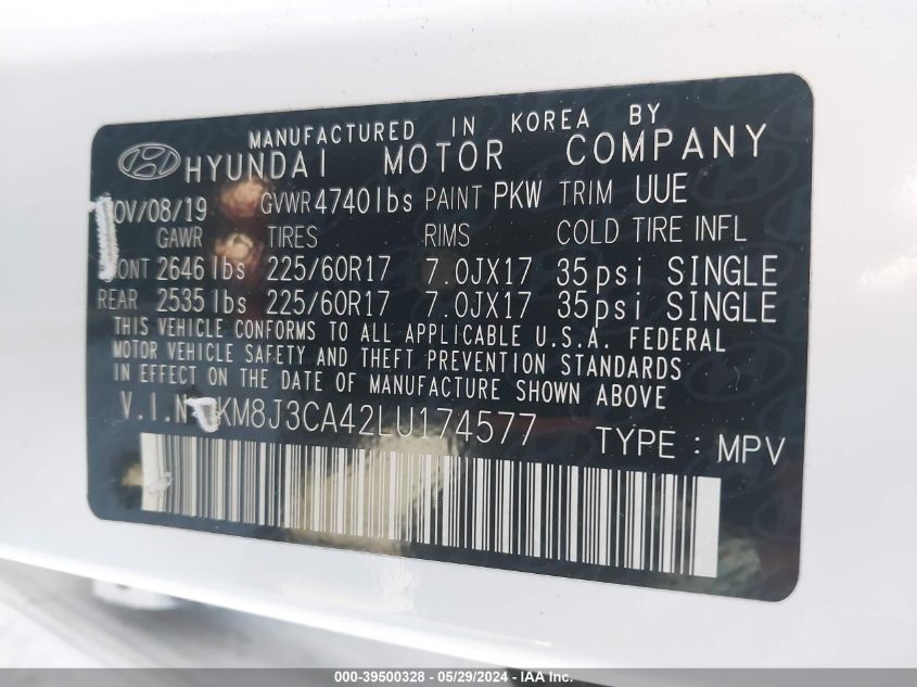 2020 Hyundai Tucson Value VIN: KM8J3CA42LU174577 Lot: 39500328