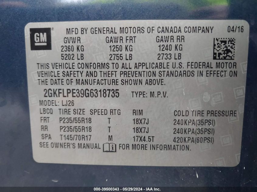 2016 GMC Terrain Slt VIN: 2GKFLPE39G6318735 Lot: 39500343