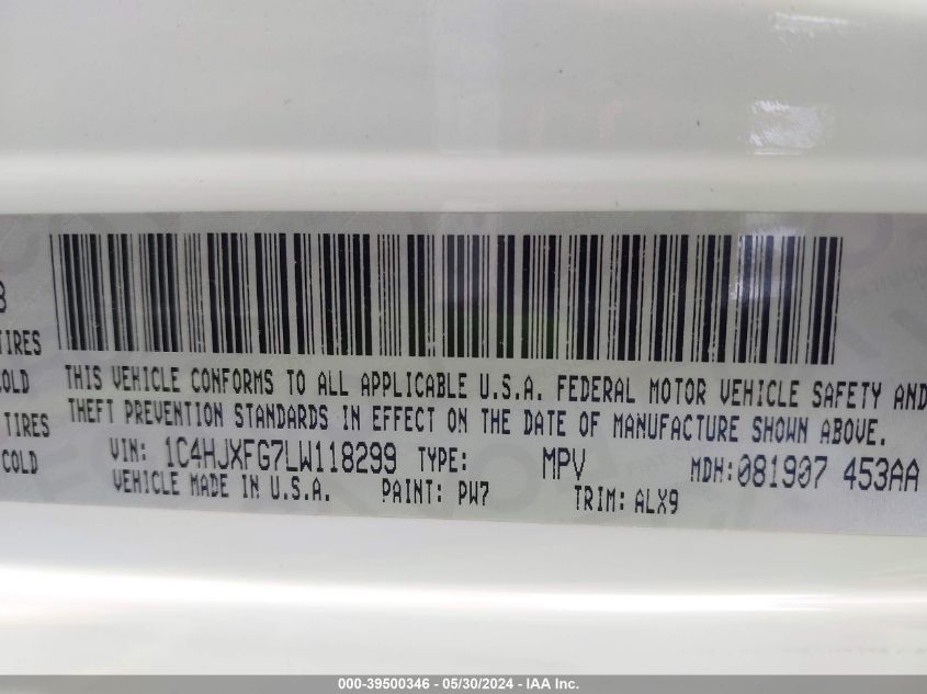 2020 Jeep Wrangler Unlimited Rubicon 4X4 VIN: 1C4HJXFG7LW118299 Lot: 39500346