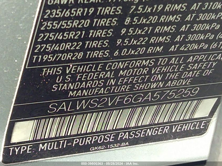 2016 Land Rover Range Rover Sport 3.0L V6 Supercharged Hse VIN: SALWS2VF6GA575259 Lot: 39500363