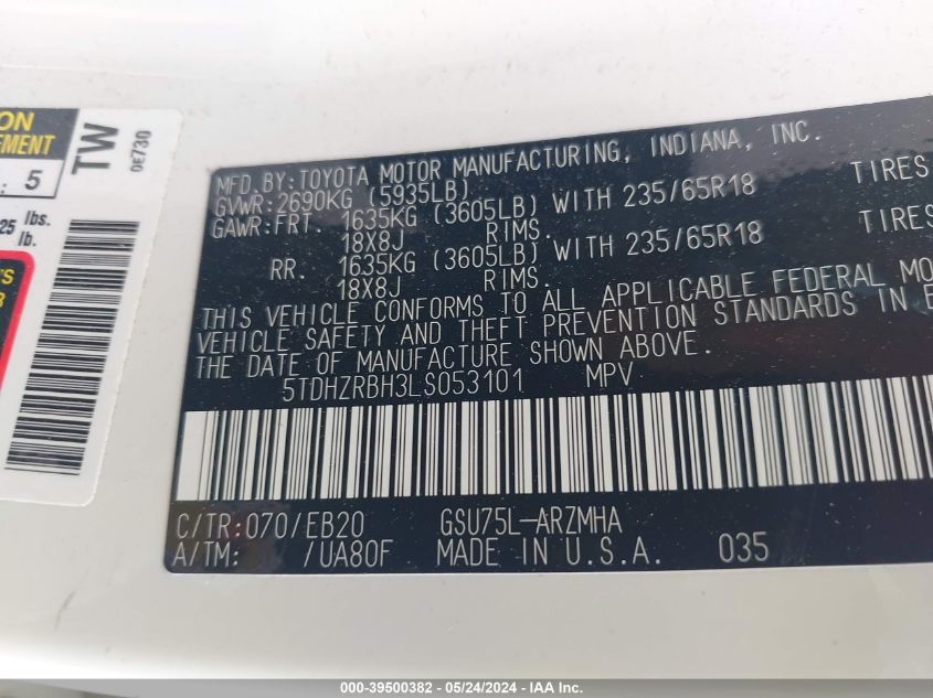 2020 Toyota Highlander Xle VIN: 5TDHZRBH3LS053101 Lot: 39500382