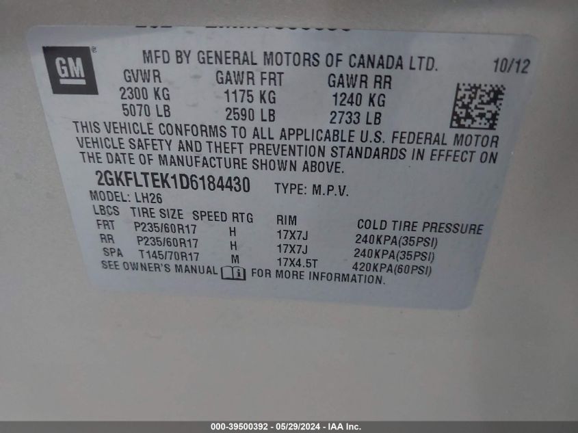 2013 GMC Terrain Sle-2 VIN: 2GKFLTEK1D6184430 Lot: 39500392