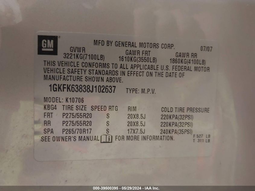 2008 GMC Yukon Denali VIN: 1GKFK63838J102637 Lot: 39500395