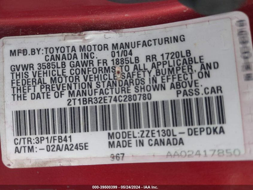 2004 Toyota Corolla Ce VIN: 2T1BR32E74C280780 Lot: 39500399