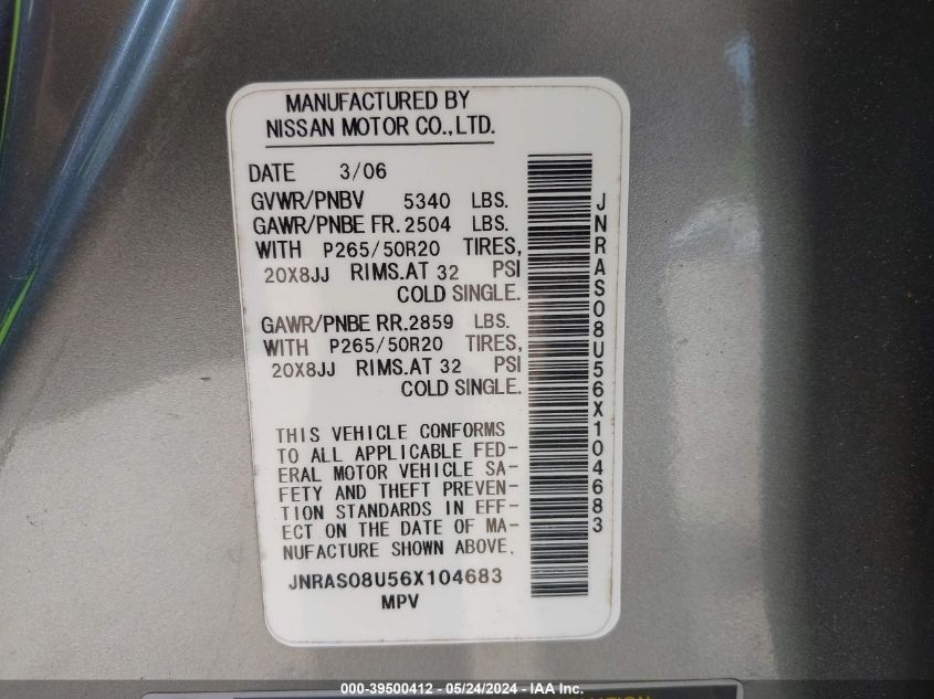 2006 Infiniti Fx35 VIN: JNRAS08U56X104683 Lot: 39500412