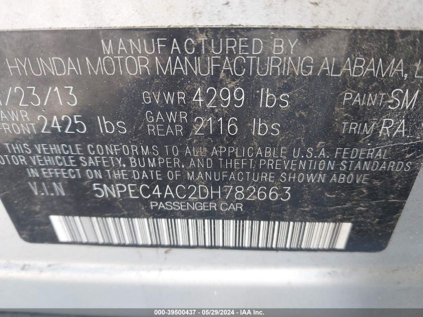 2013 Hyundai Sonata Se VIN: 5NPEC4AC2DH782663 Lot: 39500437