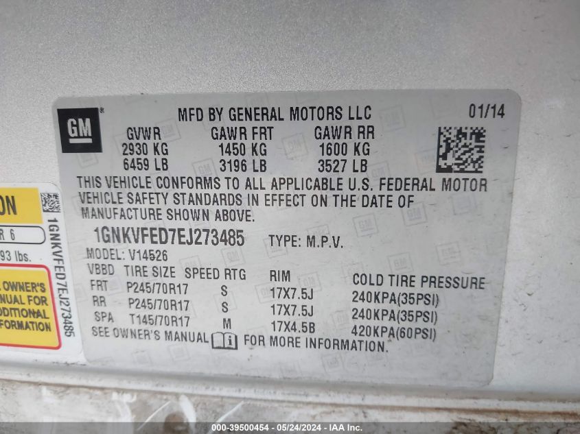 2014 Chevrolet Traverse Ls VIN: 1GNKVFED7EJ273485 Lot: 39500454