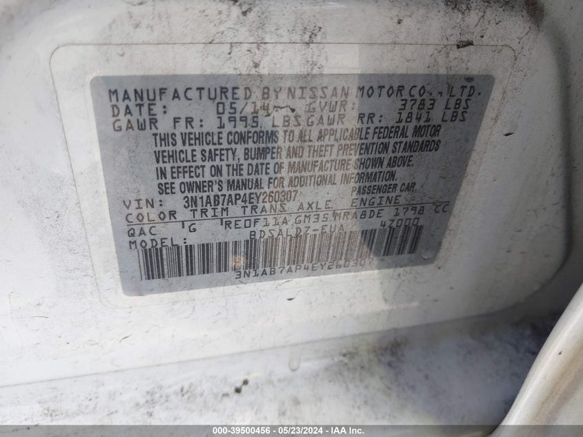 2014 Nissan Sentra Fe+ S/Fe+ Sv/S/Sl/Sr/Sv VIN: 3N1AB7AP4EY260307 Lot: 39500456