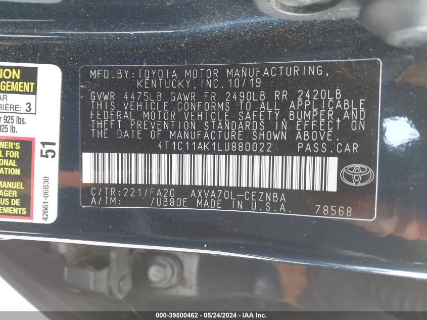 2020 Toyota Camry Le VIN: 4T1C11AK1LU880022 Lot: 39500462