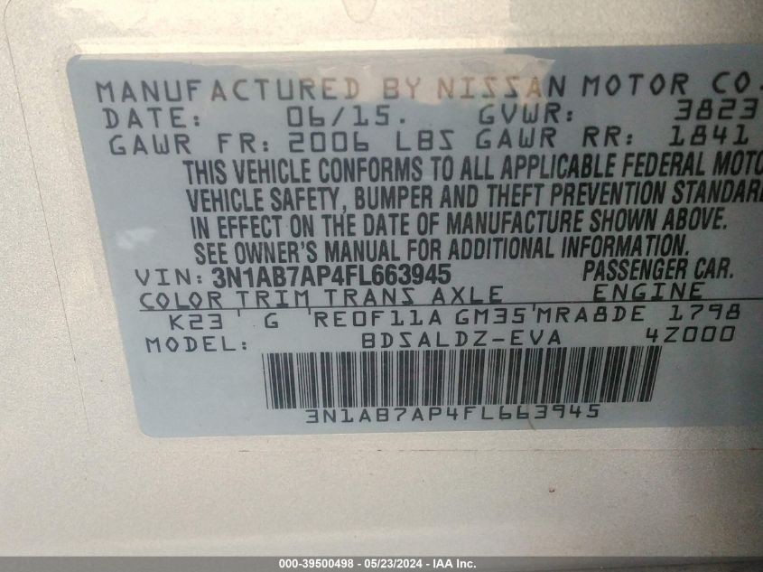 2015 Nissan Sentra Fe+ S/S/Sl/Sr/Sv VIN: 3N1AB7AP4FL663945 Lot: 39500498