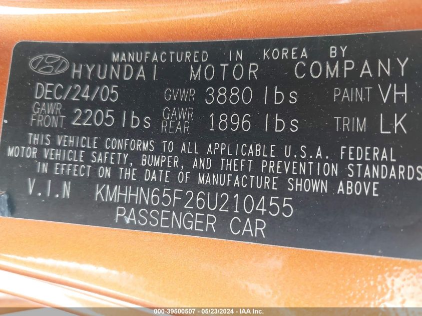 2006 Hyundai Tiburon Gt/Gt Limited/Se VIN: KMHHN65F26U210455 Lot: 39500507