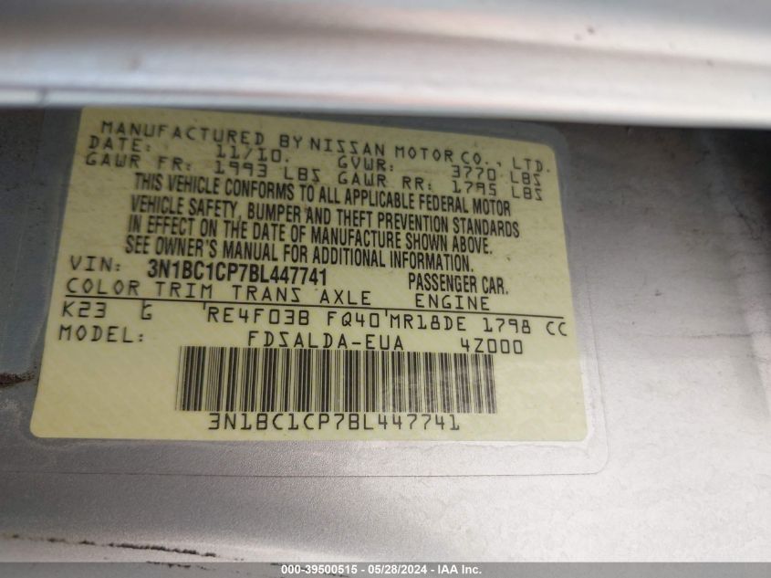 2011 Nissan Versa 1.8S VIN: 3N1BC1CP7BL447741 Lot: 39500515