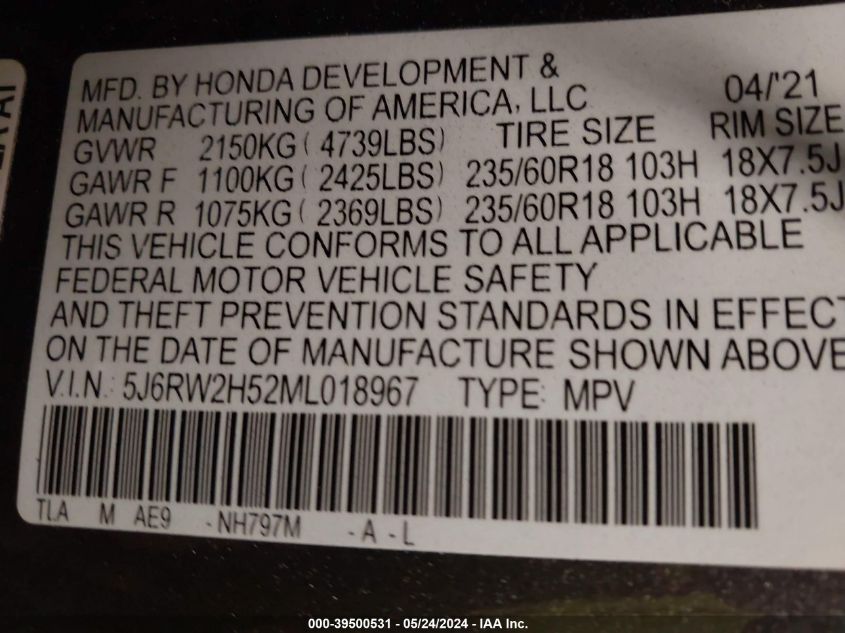 2021 Honda Cr-V Awd Ex VIN: 5J6RW2H52ML018967 Lot: 39500531