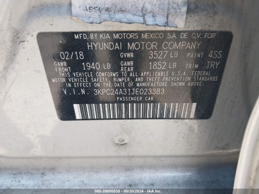 2018 Hyundai Accent Se VIN: 3KPC24A31JE023383 Lot: 39500535