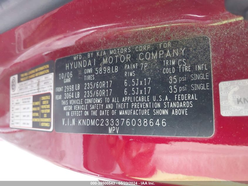 2007 Hyundai Entourage Gls/Limited/Se VIN: KNDMC233376038646 Lot: 39500543