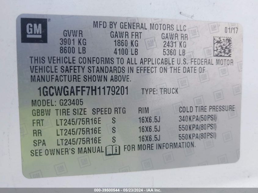 2017 Chevrolet Express 2500 Work Van VIN: 1GCWGAFF7H1179201 Lot: 39500544