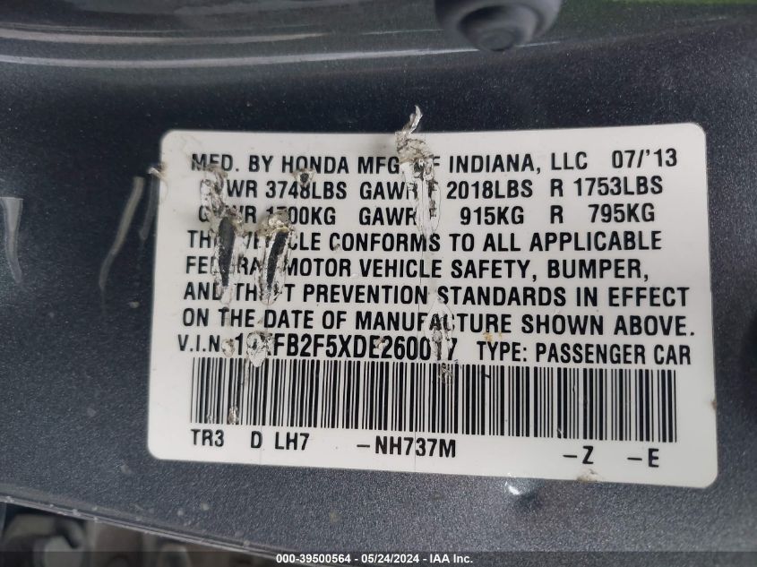 2013 Honda Civic Lx VIN: 19XFB2F5XDE260017 Lot: 39500564