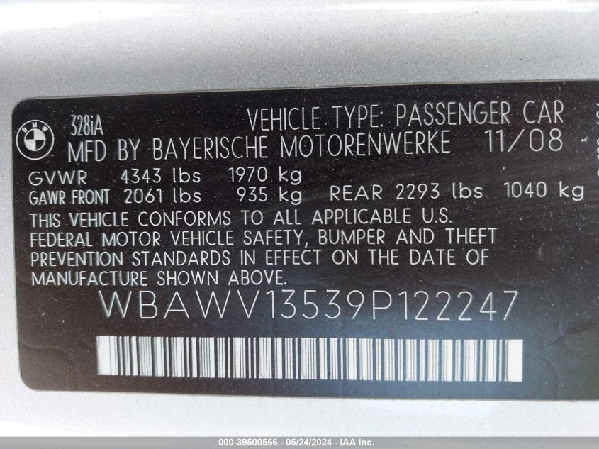 2009 BMW 328I VIN: WBAWV13539P122247 Lot: 39500566