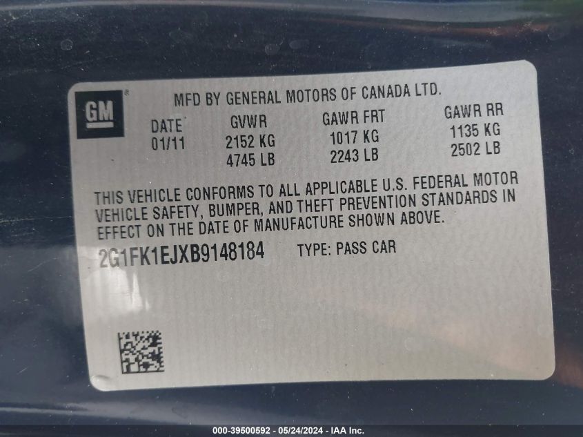 2011 Chevrolet Camaro 2Ss VIN: 2G1FK1EJXB9148184 Lot: 39500592