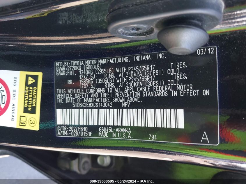 2012 Toyota Highlander Base V6 VIN: 5TDBK3EHXCS143042 Lot: 39500595