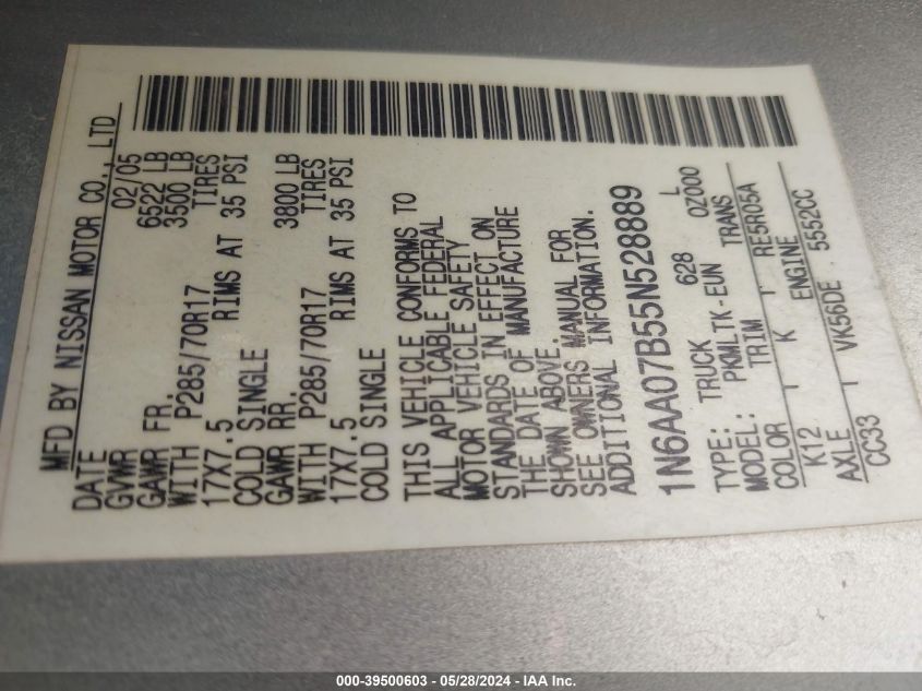 2005 Nissan Titan Xe/Se/Le VIN: 1N6AA07B55N528889 Lot: 39500603