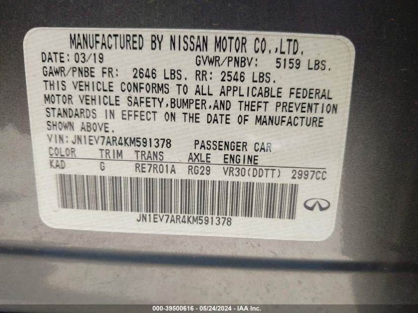 2019 Infiniti Q50 3.0T Luxe VIN: JN1EV7AR4KM591378 Lot: 39500616