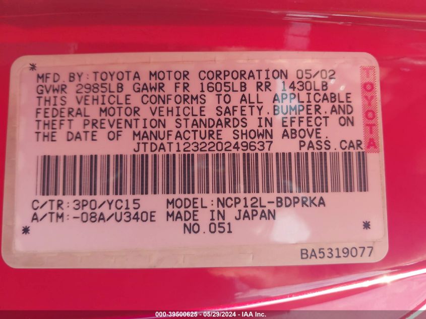 2002 Toyota Echo VIN: JTDAT123220249637 Lot: 39500625