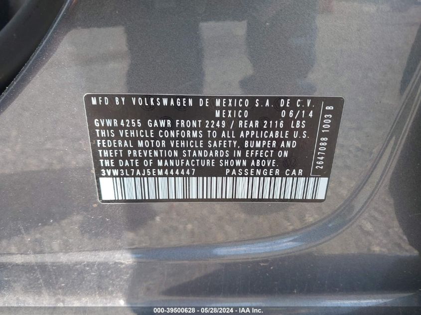 2014 Volkswagen Jetta Tdi VIN: 3VW3L7AJ5EM444447 Lot: 39500628